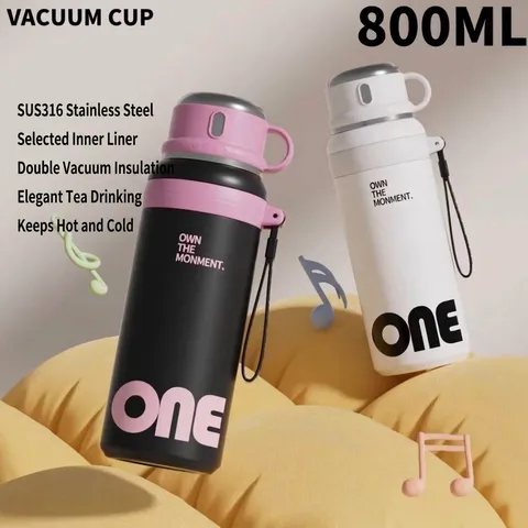 316 Edelstahl Vakuum Isolierflasche Große Kapazität Tragbare Thermoskanne Trinkflasche Mit Schüsseldeckel Trageseil Für Outdoor Sport Reisen