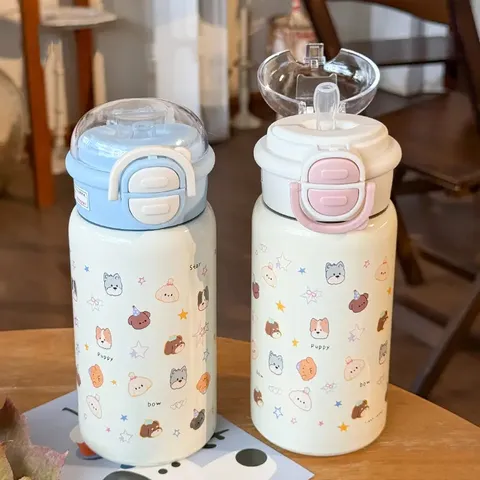 Niedliche Cartoon Hund Thermoskanne Edelstahl Wasserflasche Mit Strohhalm Ein-Knopf-Sprungdeckel Thermobecher Für Kinder Studenten Schule