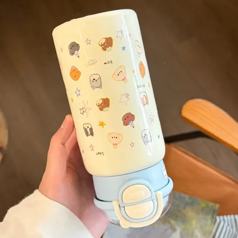 Niedliche Cartoon Hund Thermoskanne Edelstahl Wasserflasche Mit Strohhalm Ein-Knopf-Sprungdeckel Thermobecher Für Kinder Studenten Schule