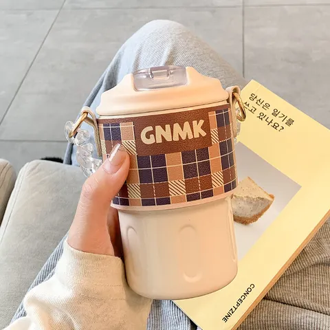 316 Stainless Steel Insulated Coffee Cup 350ml Portable Travel Mug With Straw and Lattice Leather Sleeve for Women Students