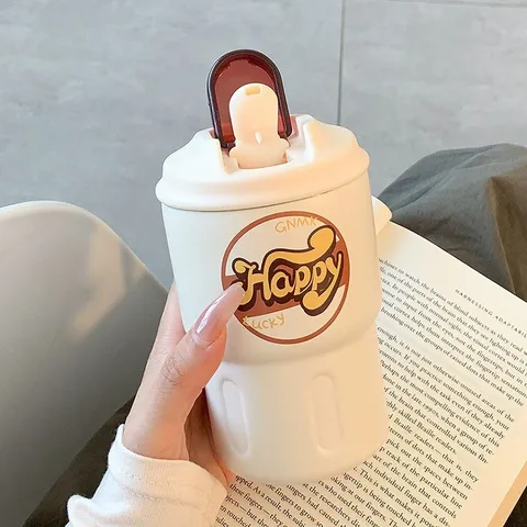 Bouteille Isotherme Minimaliste en Acier Inoxydable Avec Paille Corde de Transport Tasse à Café Isolée Bouteille d'Eau Thermique Portable pour Étudiants Bureau Voyage