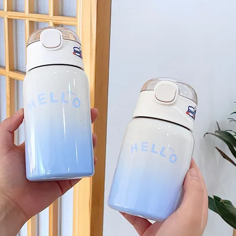 Cute Stainless Steel Vacuum Flask With Straw Portable Thermal Water Bottle Bounce Lid Cartoon Sports Travel Cup For Students Kids School Home