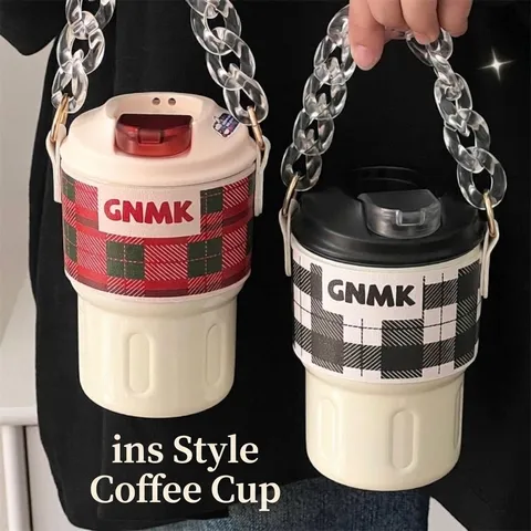 Ins Style 316 Stainless Steel Coffee Vacuum Flask With Checkered Leather Sleeve Portable Insulated Cup For Women Office Outdoor Travel Dual Drink Lid