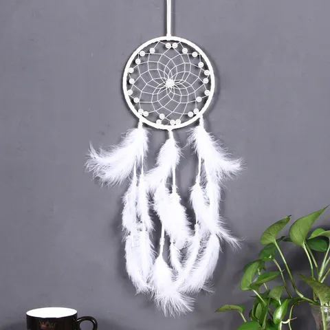 Handgewebter Feder Traumfänger Weißer Wandbehang Bohemian Indianischer Dreamcatcher Mit Künstlicher Perlenverzierung Für Zuhause Schlafzimmer Wohnzimmer Dekoration