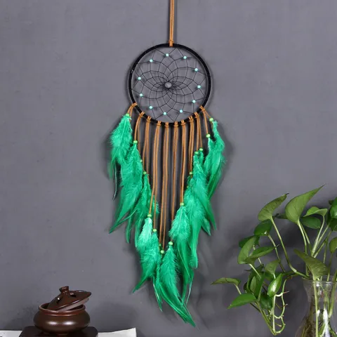 Attrape-Rêves Fait Main Boho Suspension Murale Décoration Style Amérindien Plume Verte Perles Turquoise Pour Chambre Salon Maison Ornement Cadeau