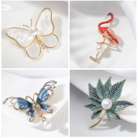 Elegant Butterfly Maple Leaf Brooch Pin For Women Alloy Artificial Pearl Rhinestone Enamel Badge Pin For Suit Sweater Jewelry