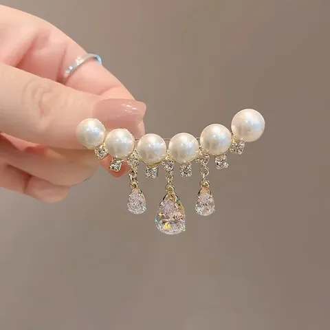 Elegant Alloy Artificial Pearl Tassel Waterdrop Brooch Rhinestone Korean Style Suit Corsage Pin Fashion Jewelry For Women