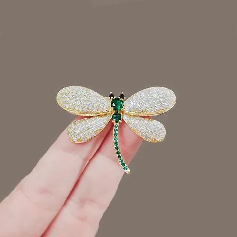 Luxury Alloy Rhinestone Dragonfly Brooch Exquisite Gold Plated Green Crystal Insect Corsage Suit Lapel Pin Jewelry For Women