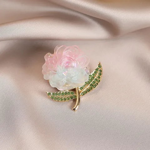 Colorful Peony Flower Brooch Zinc Alloy Gold Plated Green Rhinestone Plant Brooches Pin For Women Clothes Bags Jewelry