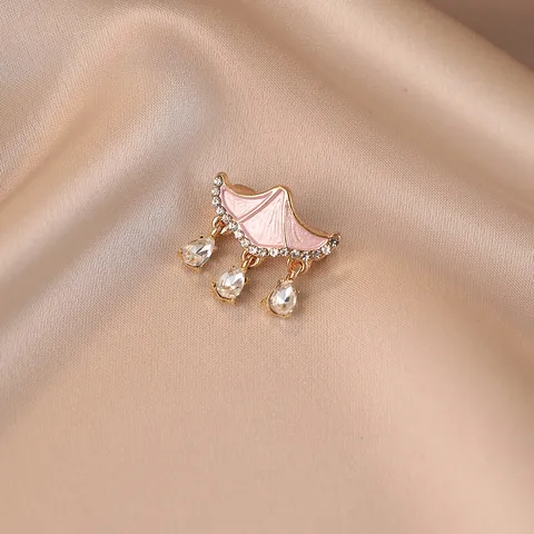 Sweet Pink Enamel Umbrella Brooch Pin With Rhinestone Tassel Waterdrop Pendant Anti Exposure Brooch For Women Jewelry