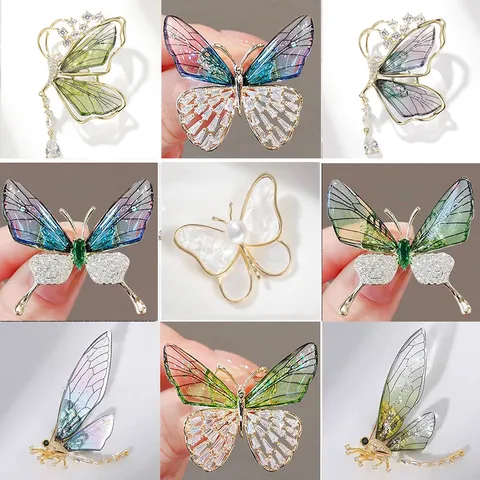 Elegant Alloy Rhinestone Butterfly Brooch Vintage Translucent Wing Tassel Pin Fashion Jewelry Gift For Women