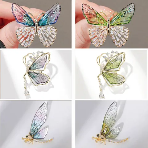 Elegant Alloy Rhinestone Butterfly Brooch Vintage Translucent Wing Tassel Pin Fashion Jewelry Gift For Women