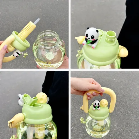 Cute Cartoon Panda Water Bottle With Straw Portable Large Capacity Plastic Tumbler Student Travel Drinkware Cup