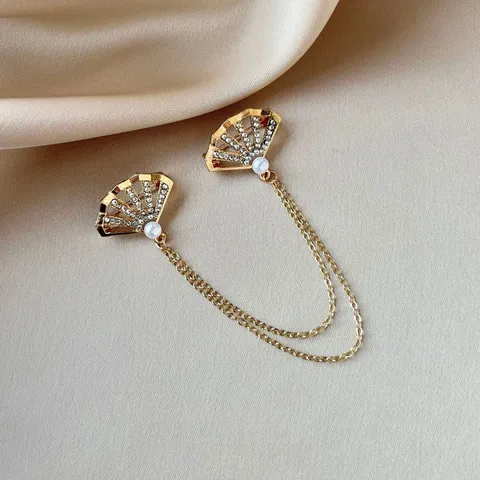 Vintage Zinklegering Klassieke Waaierform Broche Kraagspeld Goud Strass Ingelegde Dubbele Ketting Kunstparel Kwastje Kraaggesp Voor Pak Overhemd Accessoires