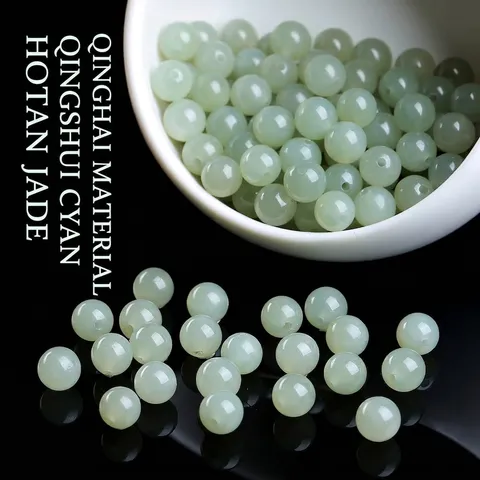 Natural Qinghai Qingshui Hetian Jade Round Loose Beads For DIY Jewelry Making Handmade Bracelet Polished Nephrite Accessory