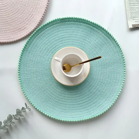 Stile Nordico Tovaglietta Tonda in Cotone Con Bordo Pompon Intrecciato Isolamento Termico Cucina Tavolo da Pranzo Arredamento