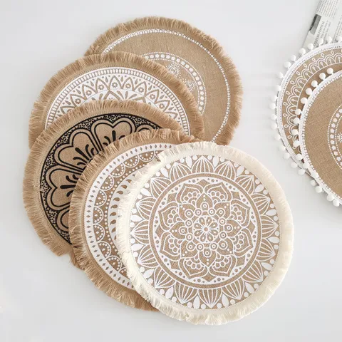 Nordic Round Jute Placemat With Tassels Bohemian Mandala Printed Heat Resistant Table Mat Woven Decorative Pad For Dining Room