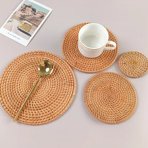 Handmade Woven Rattan Placemat Natural Vine Tea Cup Coaster Round Heat Insulation Mat For Table Kitchen Dining Decor