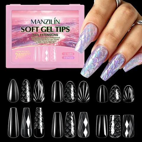 Unghie Finte 3D Diamante Scaglia di Pesce Conchiglia Lunghe Bara in Soft Gel Cangianti Trasparenti Mandorla Set per Donna Quotidiano Festa