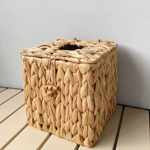 Handgemaakte Gevlochten Waterhyacint Stro Tissuebox Vierkante Rustieke Tafel Servethouder Voor Woonkamer Huis Kantoor Decor