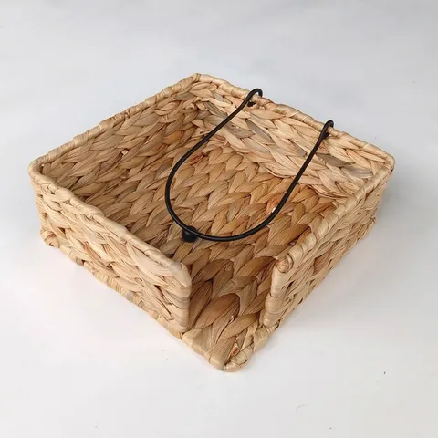 Soporte de Papel Tejido a Mano Cuadrado de Jacinto de Agua Con Brazo de Metal con Peso Cesta de Servilletas de Paja Natural para Mesa