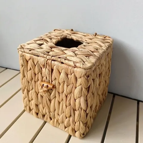 Handgemaakte Gevlochten Waterhyacint Stro Tissuebox Vierkante Rustieke Tafel Servethouder Voor Woonkamer Huis Kantoor Decor