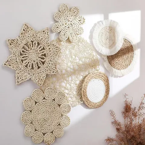Bohemian Hand Woven Wall Basket Decor Set Straw Seagrass Wall Hanging Decor For Living Room B&B Entryway Boho Decorative Wall Art