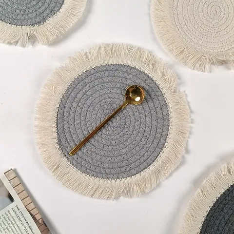 Tovaglietta Rotonda Minimalista Nordica in Cotone Tessuto con Frangia Isolamento Termico
