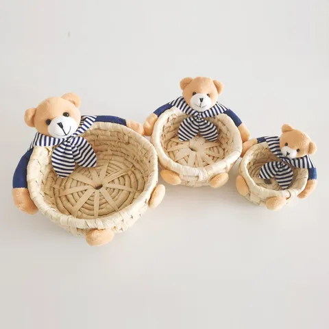 Handwoven Straw Storage Basket With Cute Plush Bear Rabbit Toy Striped Bowknot Desktop Sundries Organizer Home Decor