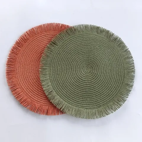 European Minimalist Round Woven Paper Straw Placemat Tassel Edge Heat Resistant Non-Slip Table Mat Kitchen Dining Decor