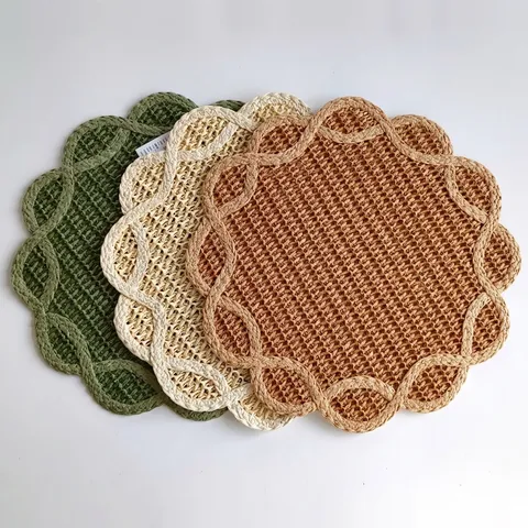 Modern Minimalist Flower Woven Paper Placemat Scalloped Edge Heat Insulation Table Coaster Cushion Home Decor Photography Prop Decor
