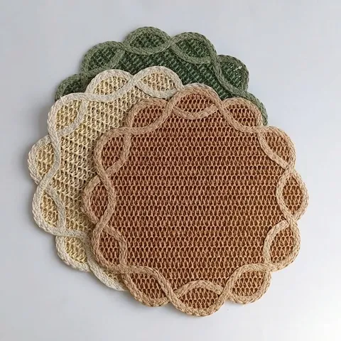 Modern Minimalist Flower Woven Paper Placemat Scalloped Edge Heat Insulation Table Coaster Cushion Home Decor Photography Prop Decor