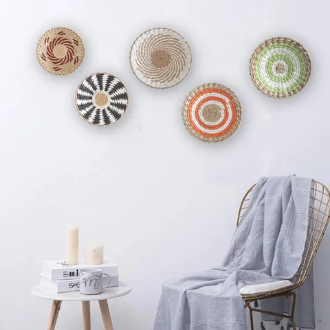 Ψάθινο Πλεκτό Κρεμαστό Καλάθι Τοίχου Boho Στυλ Από Φυσικό Άχυρο Μαροκινό Στυλ Στρογγυλή Γεωμετρική Τέχνη Τοίχου Σαλόνι