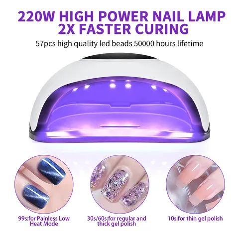 Professional 220W UV LED Nail Lamp 57 LEDs Fast Drying Nail Dryer For Gel Polish Polish Curing Light With 4 Timer Settings Smart Sensor Handle