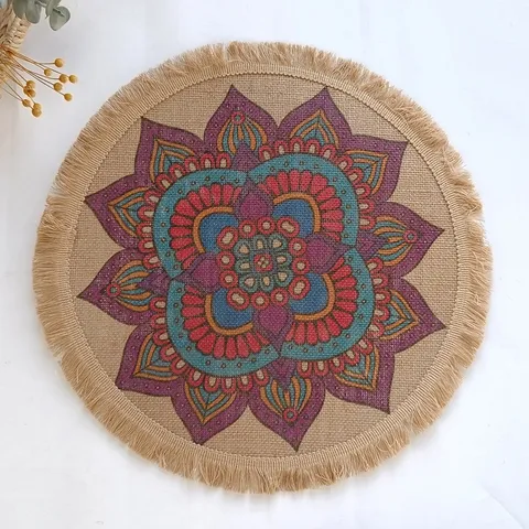 Tovaglietta Rotonda in Juta Boema con Nappa Stampa Geometrica Mandala Tovaglietta Termoisolante Decorazione per la Casa