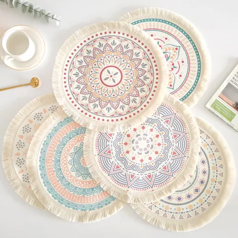 Bohemian Round Placemat Cotton Woven Mandala Print Tassel Heat Resistant Place Mat For Dining Table Home Decor