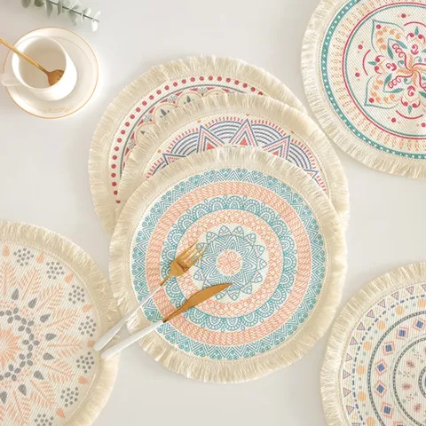 Bohemian Round Placemat Cotton Woven Mandala Print Tassel Heat Resistant Place Mat For Dining Table Home Decor