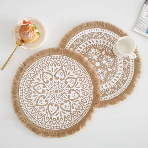 Nordic Round Jute Placemat With Tassels Bohemian Mandala Printed Heat Resistant Table Mat Woven Decorative Pad For Dining Room