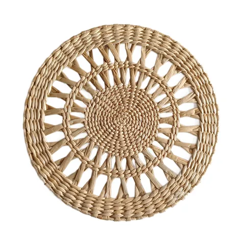 Set de Table Tissé en Paille Creux Isolation Thermique Décoration de Table Rond Assiette Théière Tasse
