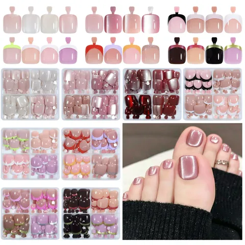 96Pcs 4-Grid Box Press On Toe Nails Cat Eye French Style Glitter Fake Toenails For Women Manicure Foot Art Decoration