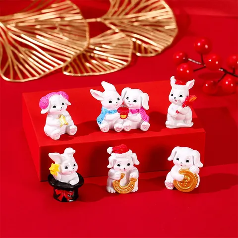 Jolis Ornements de Micro-Paysage en Résine de Lapin de Nouvel An Design d'Animal Décoration de Bureau Style Chinois Figurines Miniatures