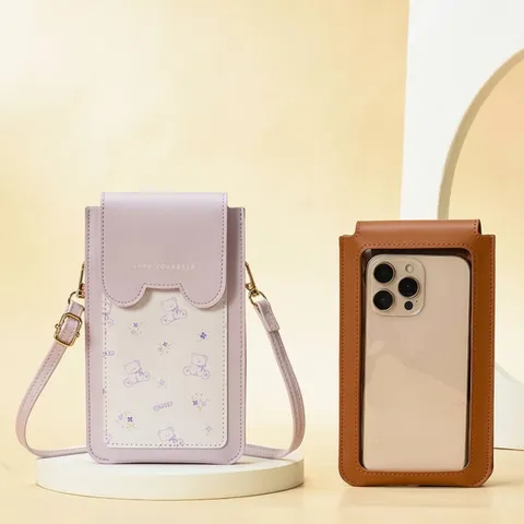 Cute Bear Pattern Touch Screen Mobile Phone Bag Mini Crossbody Shoulder Bag For Women Sweet Printed PVC Phone Pouch