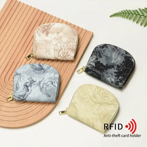 Porte-cartes en Cuir PU Floral Vintage Avec Protection RFID pour Femmes Porte-monnaie Style Accordéon Rétro Fermeture Éclair
