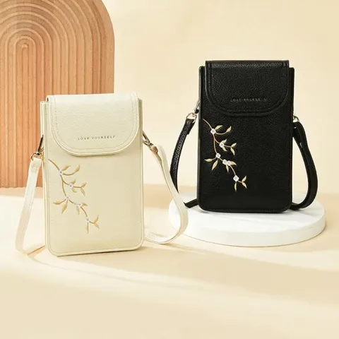 Elegant Women Floral Embroidered Mobile Phone Bag PU Leather Lychee Texture Small Crossbody Messenger Bag For Ladies Girls
