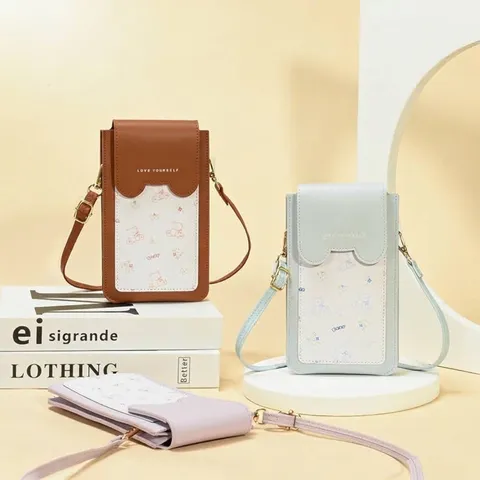 Cute Bear Pattern Touch Screen Mobile Phone Bag Mini Crossbody Shoulder Bag For Women Sweet Printed PVC Phone Pouch