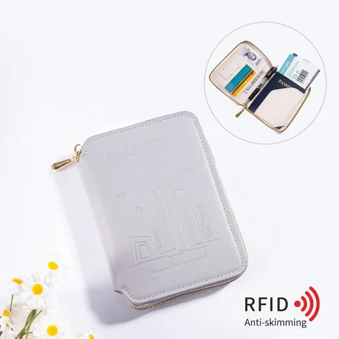 Portapassaporto in Pelle PU con Blocco RFID Custodia da Viaggio con Cerniera per Carte d'Imbarco e Documenti