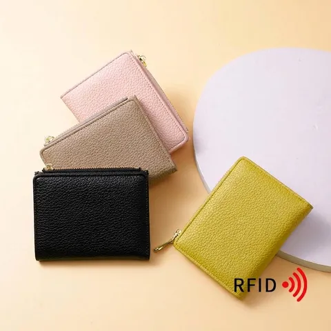 Portefeuille Femme Blocage RFID en Cuir PU Motif Lychee Bifold Porte-Cartes Avec Poche Monnaie Zippée Portefeuille Minimaliste