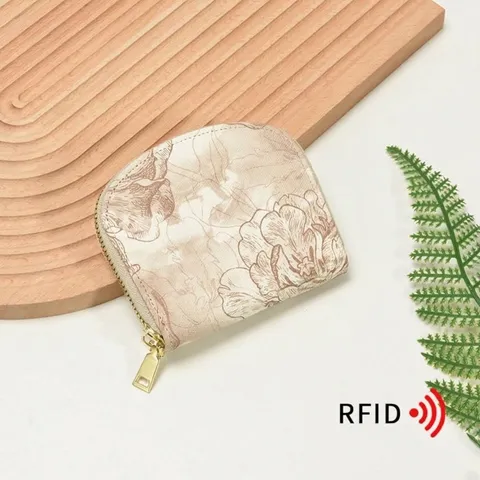 Porte-cartes en Cuir PU Floral Vintage Avec Protection RFID pour Femmes Porte-monnaie Style Accordéon Rétro Fermeture Éclair