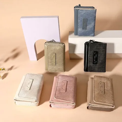 Portefeuille pour Femmes en Cuir PU Style Coréen Simple Court Pliable en Trois Multi-cartes Fermeture Éclair Porte-monnaie Étudiantes Quotidien