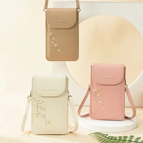 Elegant Women Floral Embroidered Mobile Phone Bag PU Leather Lychee Texture Small Crossbody Messenger Bag For Ladies Girls